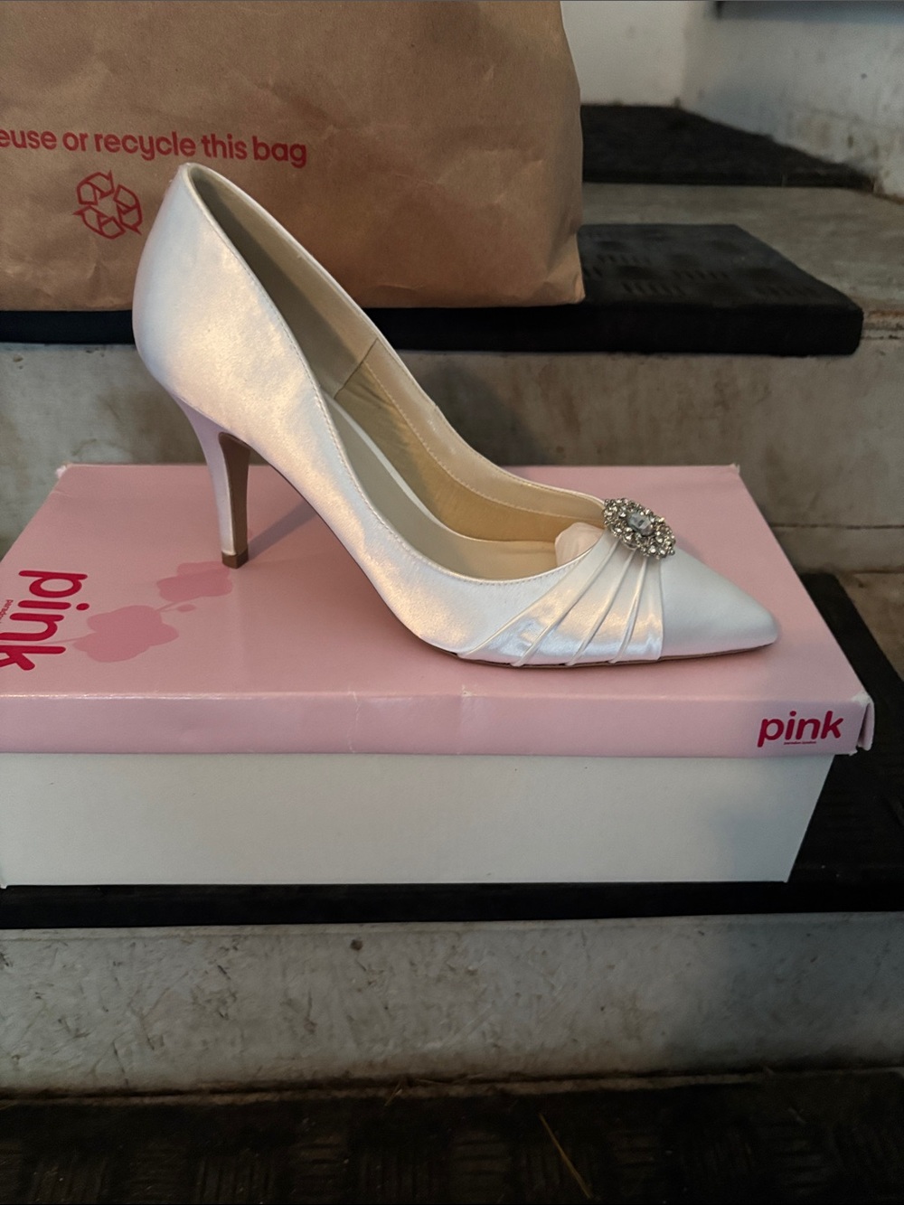 pink paradox London White Satin Pointed-Toe Heels with Crystal Accent